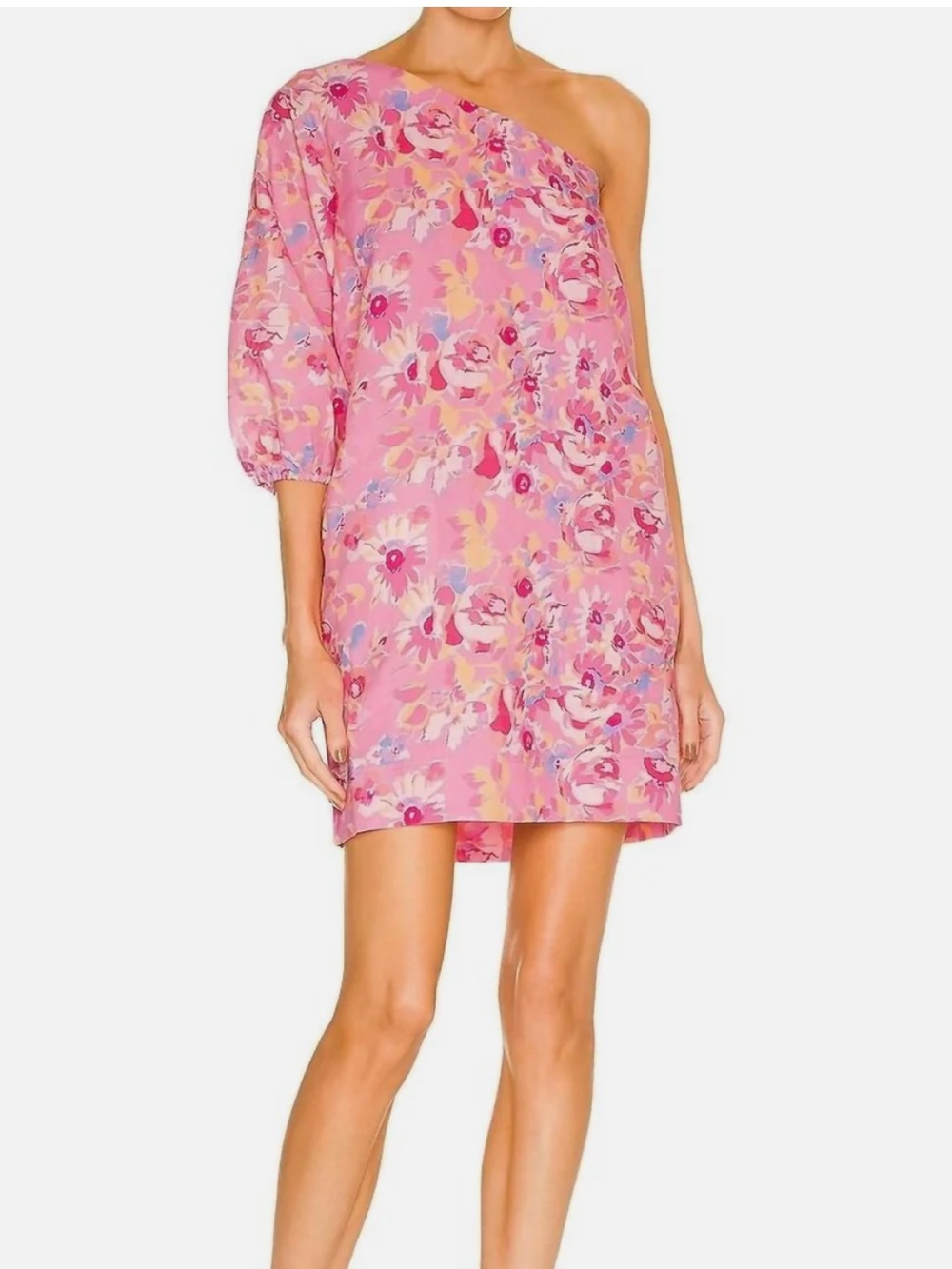 Something Navy Pink Floral One Shoulder Linen Blend Mini Dress NWT S